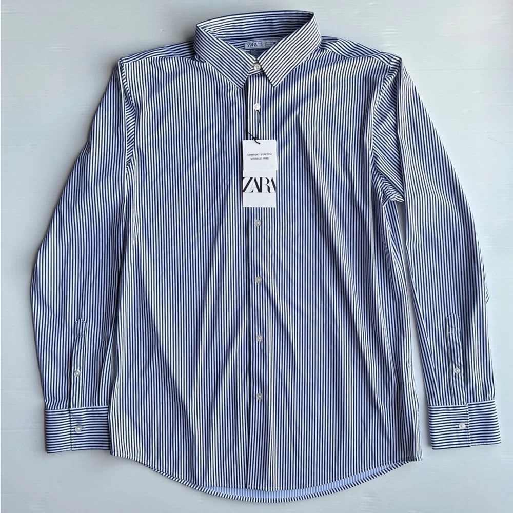 NEW ZARA STRIPED STRETCH SHIRT NAVY / WHITE | 7545/407